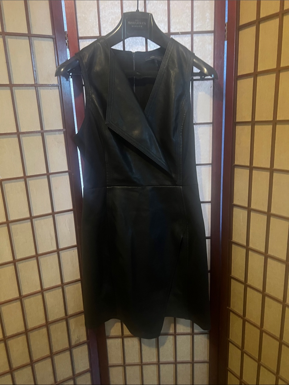 BCBGMaxAzria Black Leather Sleeveless Shift Dress with Asymmetrical Front